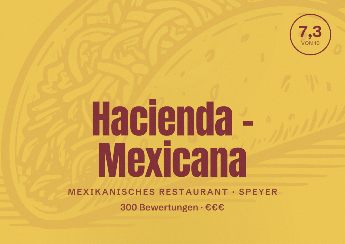 Illustriertes Poster von Hacienda - Mexicana, Mexikanisches Restaurant in Speyer: Bewertung 7,3 von 10 aus 300 Bewertungen, Preisniveau €€€