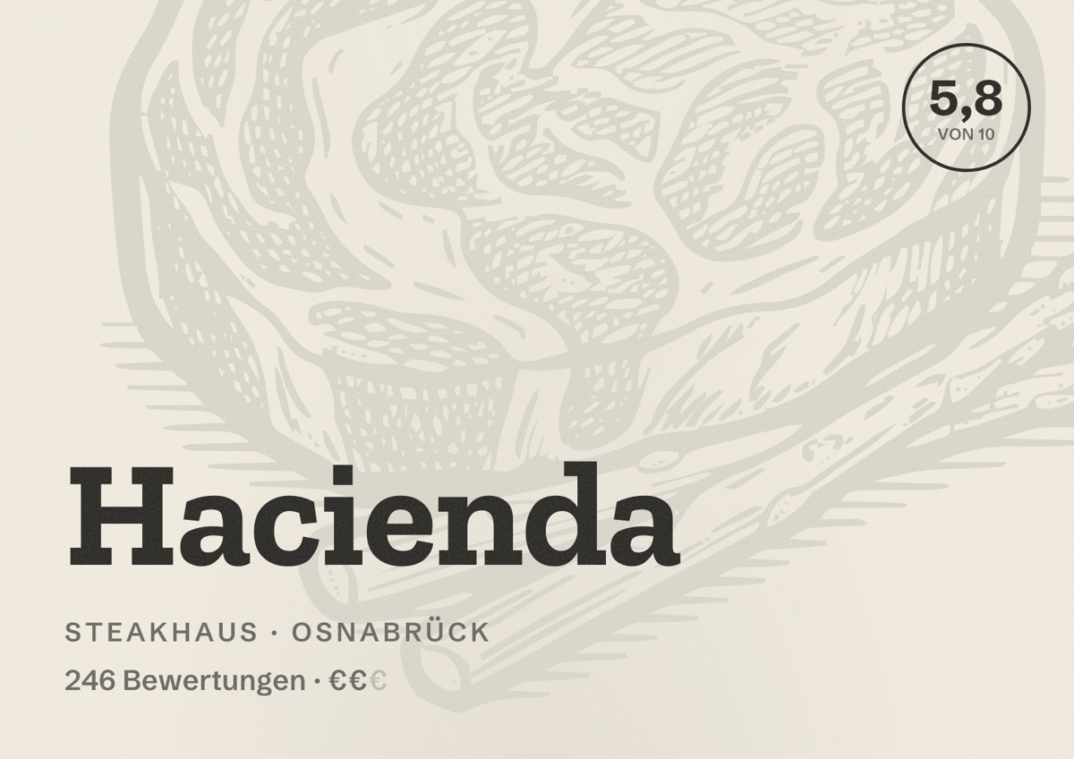 Illustriertes Poster von Hacienda, Steakhaus in Osnabrück: Bewertung 5,8 von 10 aus 246 Bewertungen, Preisniveau €€