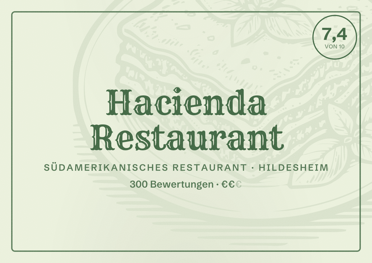 Illustriertes Poster von Hacienda Restaurant, Südamerikanisches Restaurant in Hildesheim: Bewertung 7,4 von 10 aus 300 Bewertungen, Preisniveau €€