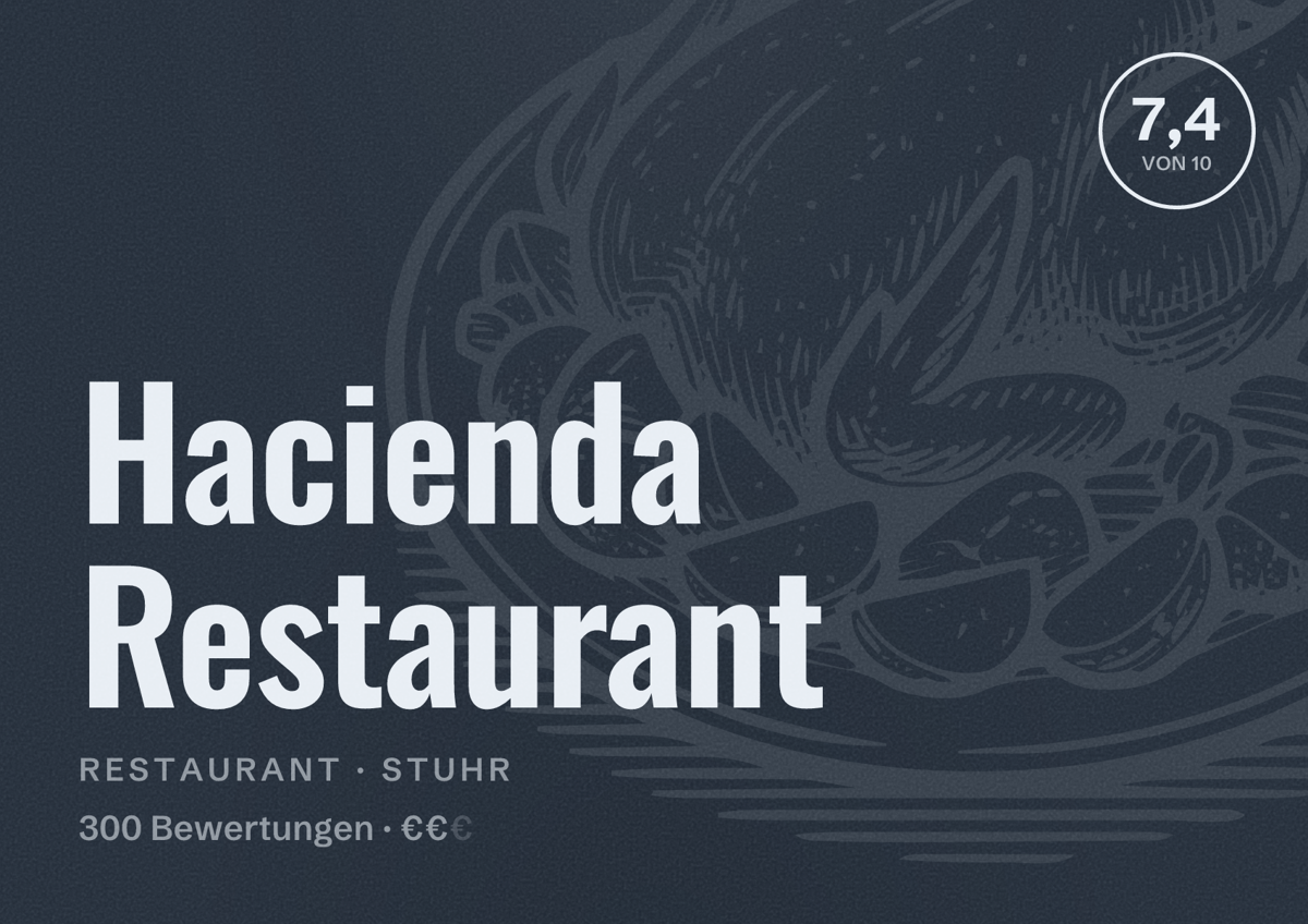 Illustriertes Poster von Hacienda Restaurant, Restaurant in Stuhr: Bewertung 7,4 von 10 aus 300 Bewertungen, Preisniveau €€