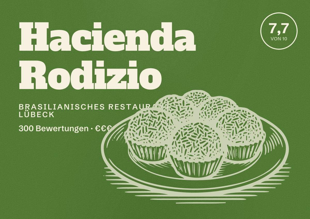 Illustriertes Poster von Hacienda Rodizio, Brasilianisches Restaurant in Lübeck: Bewertung 7,7 von 10 aus 300 Bewertungen, Preisniveau €€€