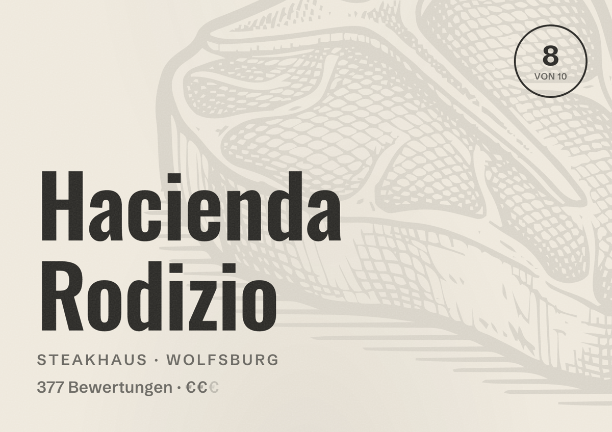 Illustriertes Poster von Hacienda Rodizio, Steakhaus in Wolfsburg: Bewertung 8,0 von 10 aus 377 Bewertungen, Preisniveau €€