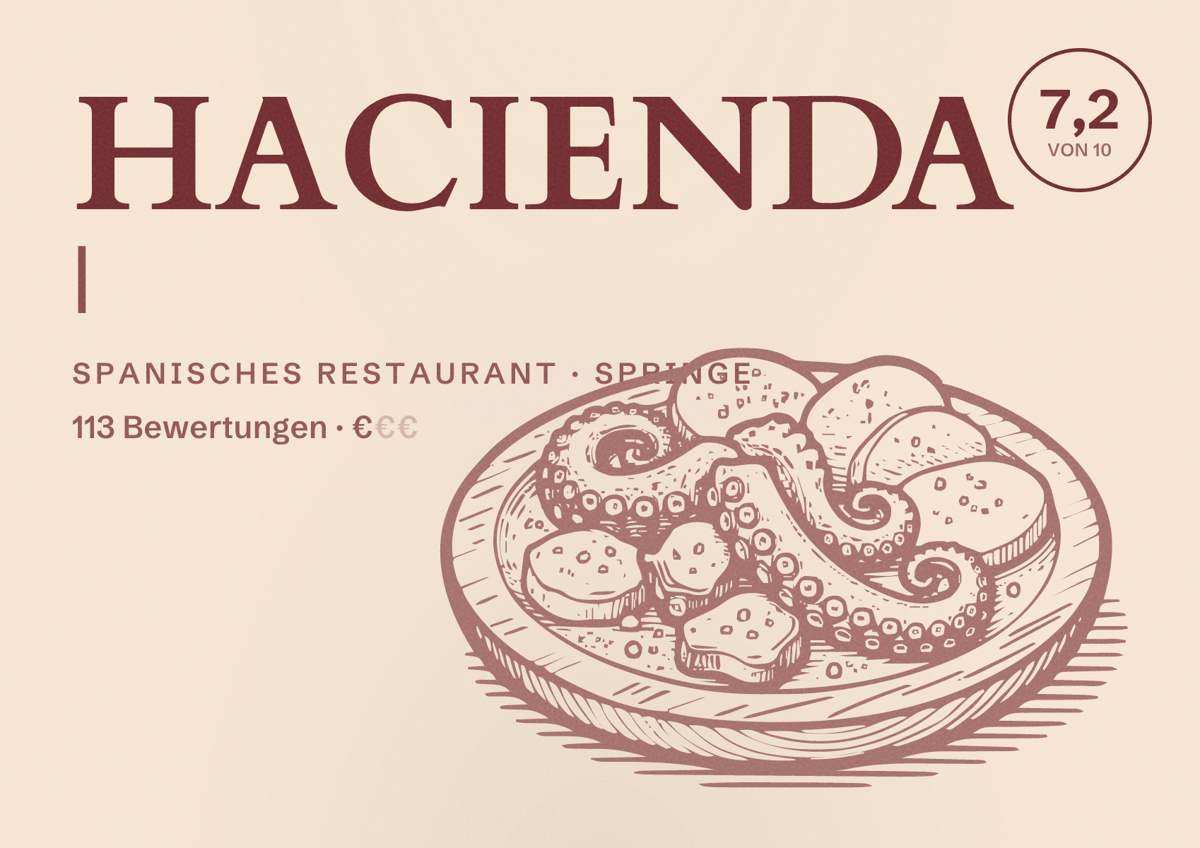 Illustriertes Poster von HACIENDA |, Spanisches Restaurant in Springe: Bewertung 7,2 von 10 aus 113 Bewertungen, Preisniveau €