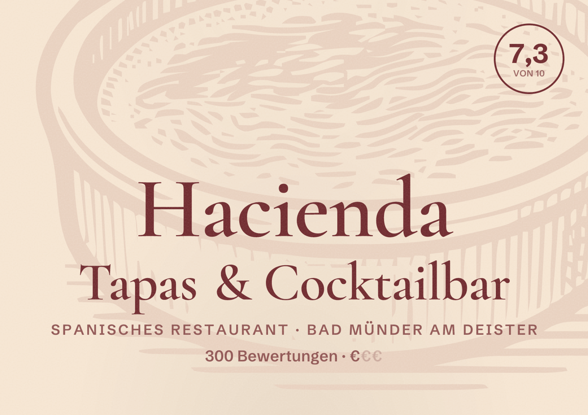 Illustriertes Poster von Hacienda Tapas & Cocktailbar, Spanisches Restaurant in Bad Münder am Deister: Bewertung 7,3 von 10 aus 300 Bewertungen, Preisniveau €