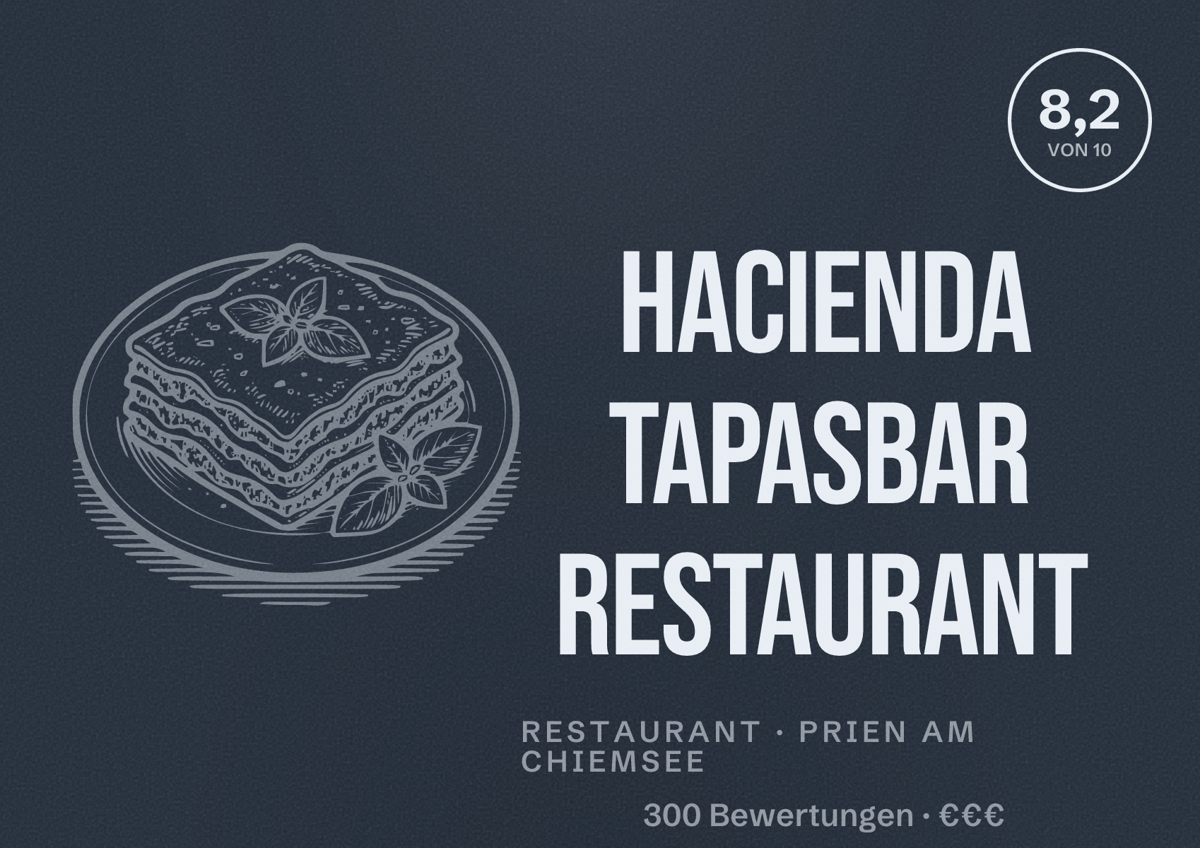 Illustriertes Poster von HACIENDA Tapasbar Restaurant, Restaurant in Prien am Chiemsee: Bewertung 8,2 von 10 aus 300 Bewertungen, Preisniveau €€€