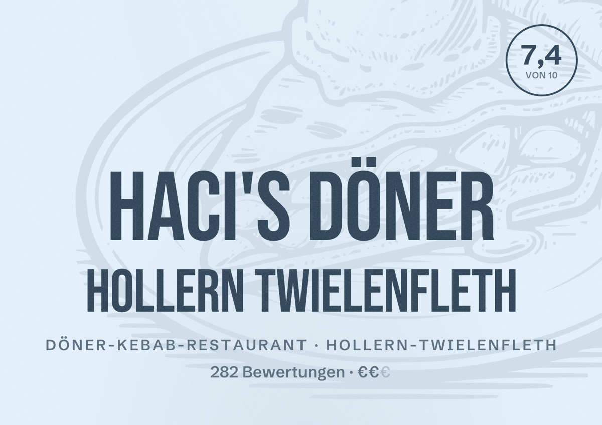 Illustriertes Poster von HACI'S DÖNER Hollern Twielenfleth, Döner-Kebab-Restaurant in Hollern-Twielenfleth: Bewertung 7,4 von 10 aus 282 Bewertungen, Preisniveau €€