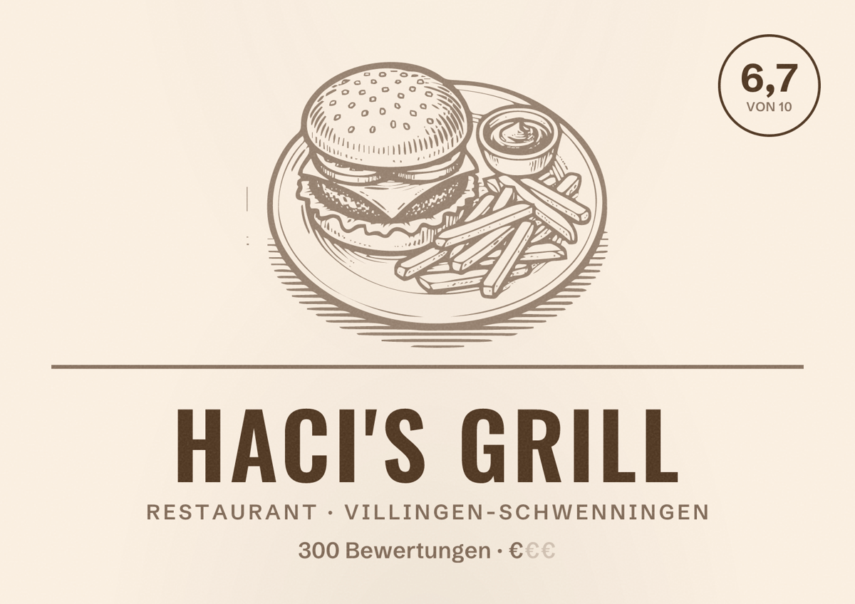 Illustriertes Poster von Haci's Grill, Restaurant in Villingen-Schwenningen: Bewertung 6,7 von 10 aus 300 Bewertungen, Preisniveau €