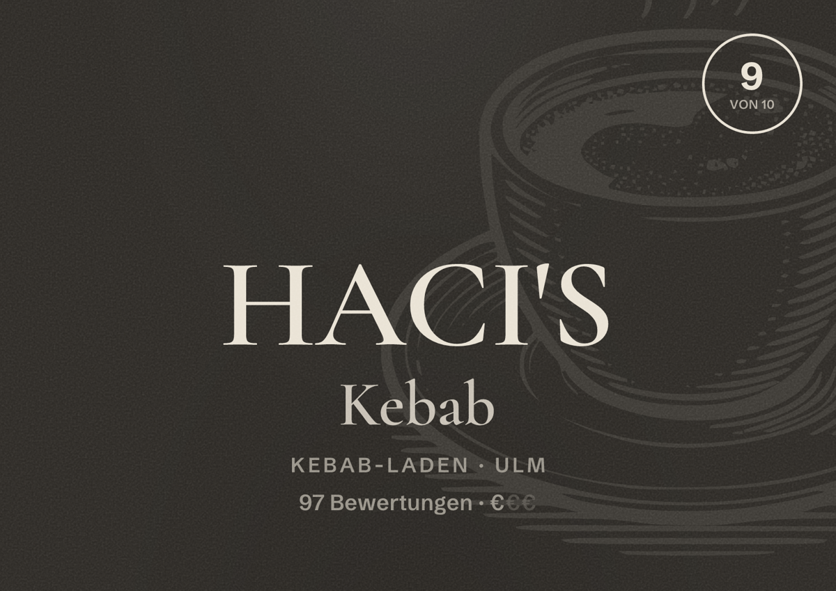 Illustriertes Poster von HACI'S Kebab, Kebab-Laden in Ulm: Bewertung 9 von 10 aus 97 Bewertungen, Preisniveau €