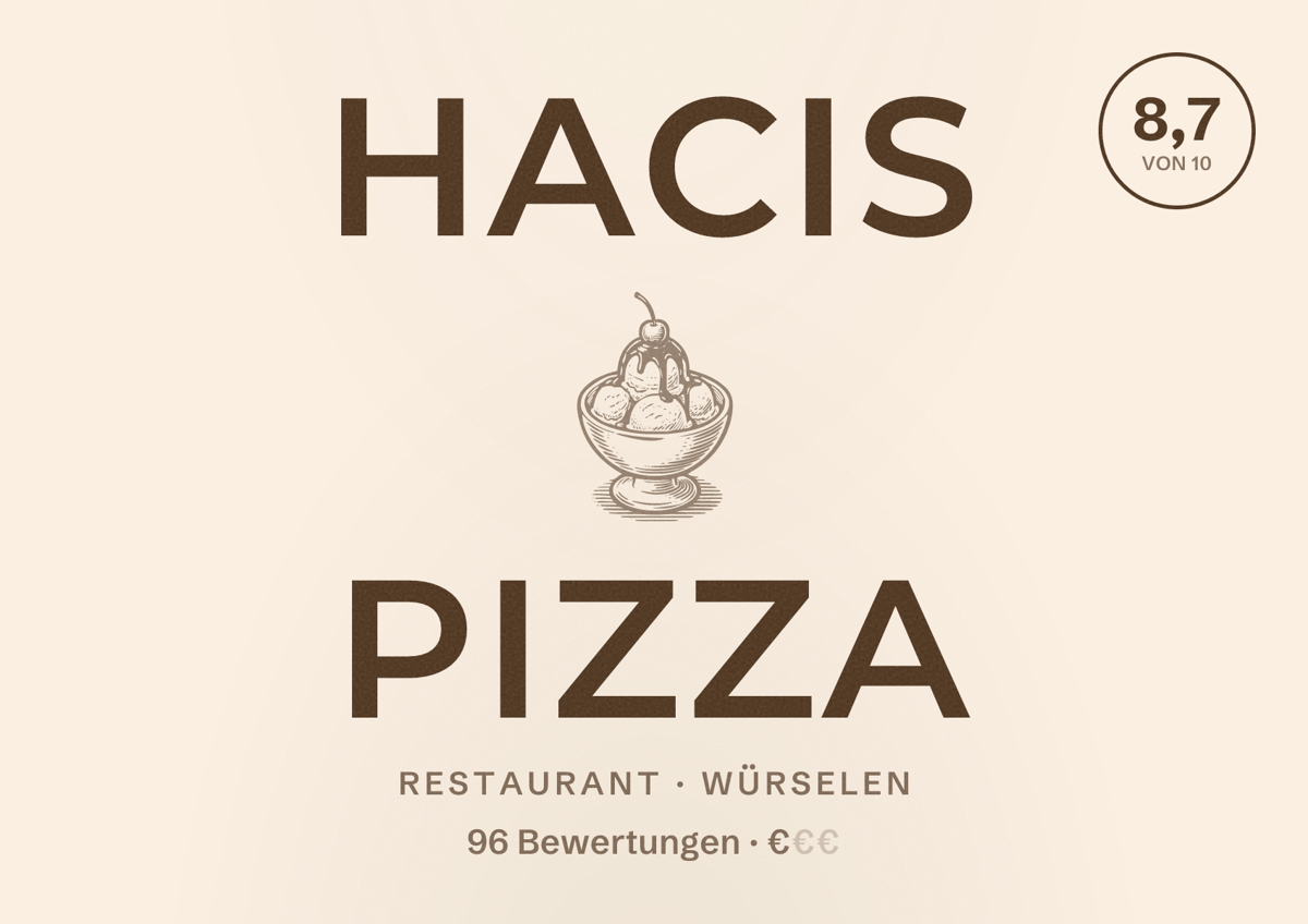 Illustriertes Poster von HACIS PIZZA, Restaurant in Würselen: Bewertung 8,7 von 10 aus 96 Bewertungen, Preisniveau €