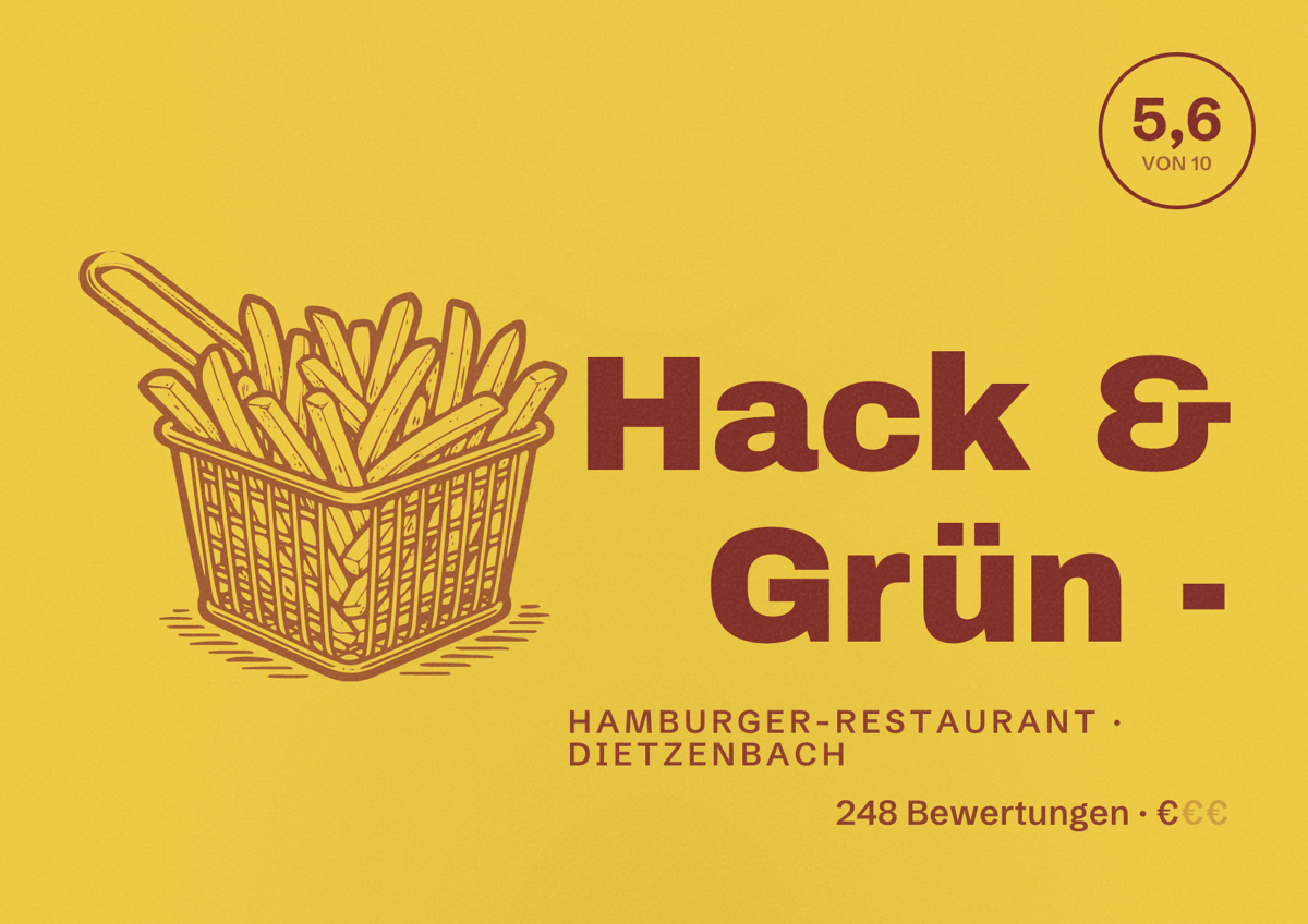 Illustriertes Poster von Hack & Grün -, Hamburger-Restaurant in Dietzenbach: Bewertung 5,6 von 10 aus 248 Bewertungen, Preisniveau €
