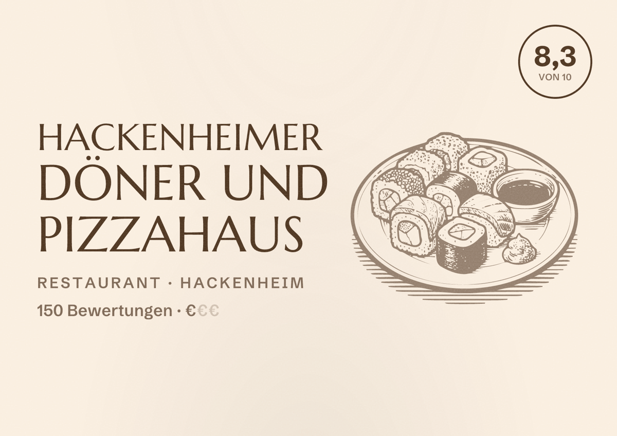 Illustriertes Poster von Hackenheimer Döner und Pizzahaus, Restaurant in Hackenheim: Bewertung 8,3 von 10 aus 150 Bewertungen, Preisniveau €