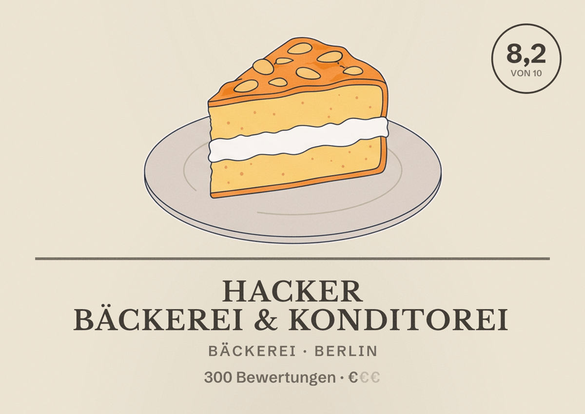 Illustriertes Poster von Hacker Bäckerei & Konditorei, Bäckerei in Berlin: Bewertung 8,2 von 10 aus 300 Bewertungen, Preisniveau €