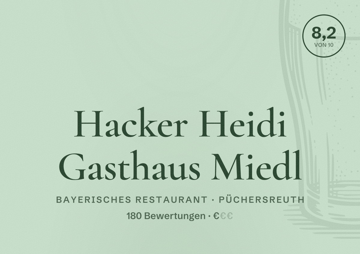 Illustriertes Poster von Hacker Heidi Gasthaus Miedl, Bayerisches Restaurant in Püchersreuth: Bewertung 8,2 von 10 aus 180 Bewertungen, Preisniveau €
