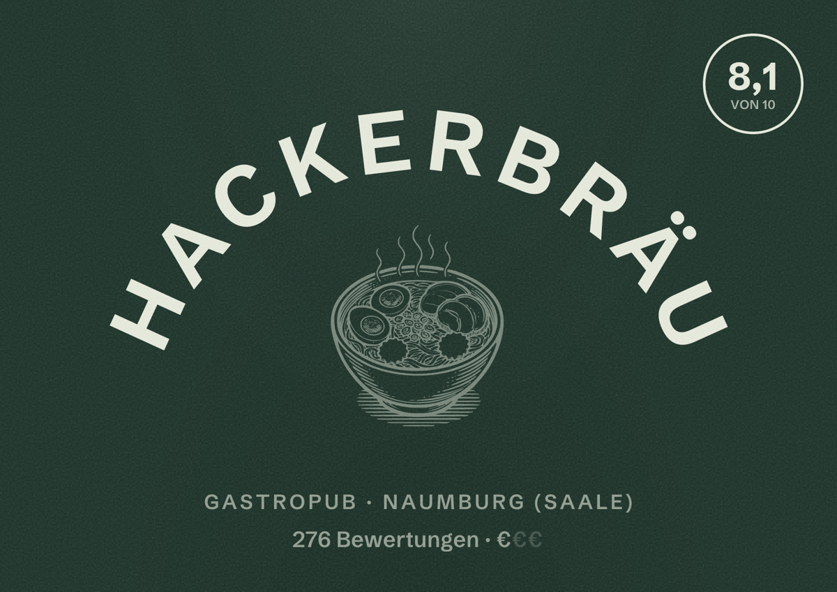 Illustriertes Poster von Hackerbräu, Gastropub in Naumburg (Saale): Bewertung 8,1 von 10 aus 276 Bewertungen, Preisniveau €