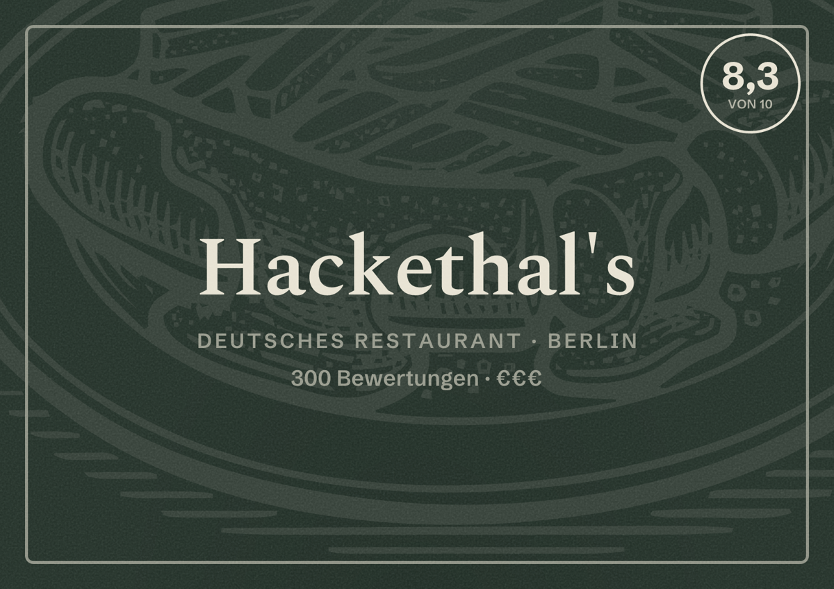 Illustriertes Poster von Hackethal's, Deutsches Restaurant in Berlin: Bewertung 8,3 von 10 aus 300 Bewertungen, Preisniveau €€€