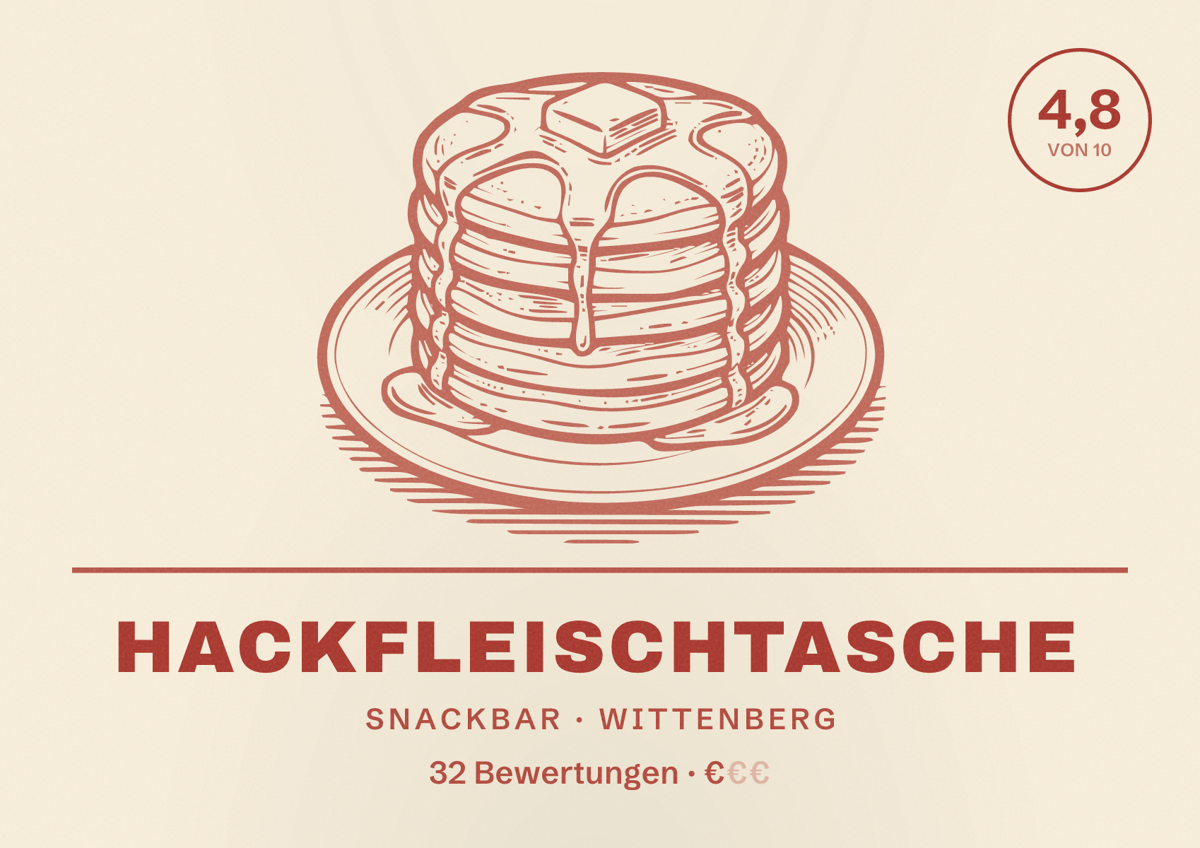 Illustriertes Poster von Hackfleischtasche, Snackbar in Wittenberg: Bewertung 4,8 von 10 aus 32 Bewertungen, Preisniveau €