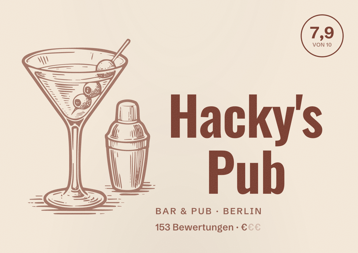 Illustriertes Poster von Hacky's Pub, Bar & Pub in Berlin: Bewertung 7,9 von 10 aus 153 Bewertungen, Preisniveau €