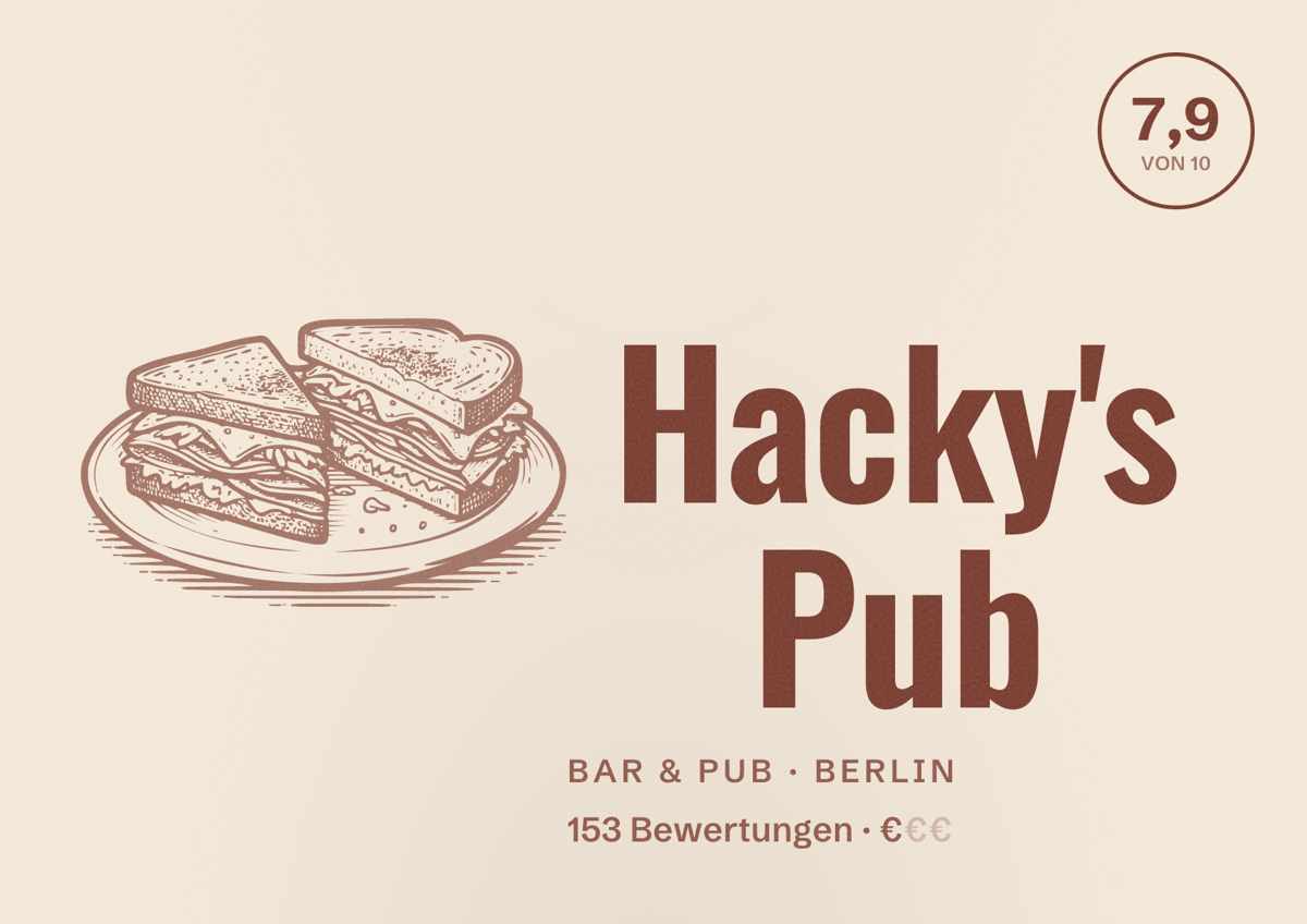 Illustriertes Poster von Hacky's Pub, Bar & Pub in Berlin: Bewertung 7,9 von 10 aus 153 Bewertungen, Preisniveau €