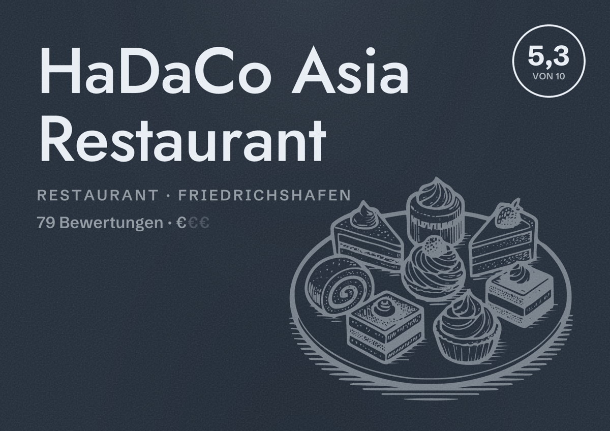 Illustriertes Poster von HaDaCo Asia Restaurant, Restaurant in Friedrichshafen: Bewertung 5,3 von 10 aus 79 Bewertungen, Preisniveau €