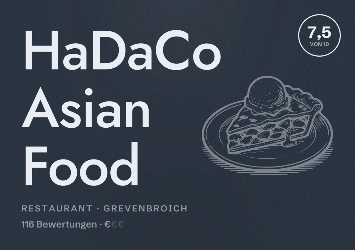 Illustriertes Poster von HaDaCo Asian Food, Restaurant in Grevenbroich: Bewertung 7,5 von 10 aus 116 Bewertungen, Preisniveau €