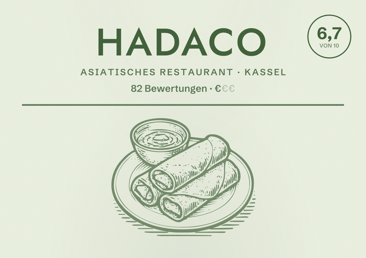 Illustriertes Poster von HaDaCo, Asiatisches Restaurant in Kassel: Bewertung 6,7 von 10 aus 82 Bewertungen, Preisniveau €