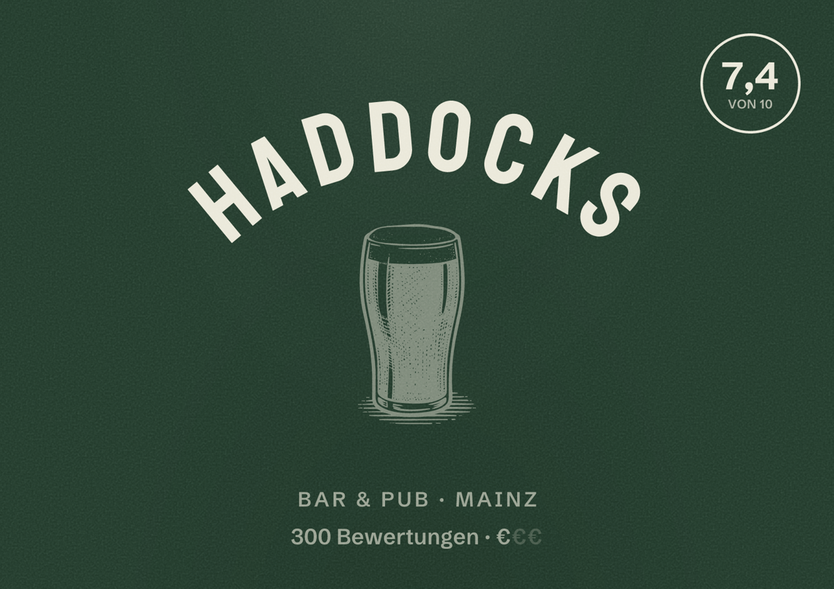 Illustriertes Poster von Haddocks, Bar & Pub in Mainz: Bewertung 7,4 von 10 aus 300 Bewertungen, Preisniveau €
