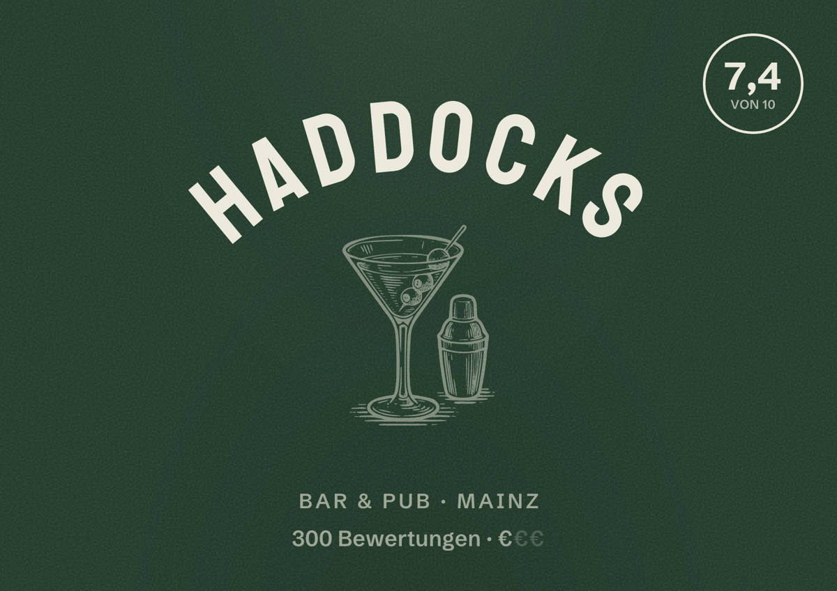 Illustriertes Poster von Haddocks, Bar & Pub in Mainz: Bewertung 7,4 von 10 aus 300 Bewertungen, Preisniveau €