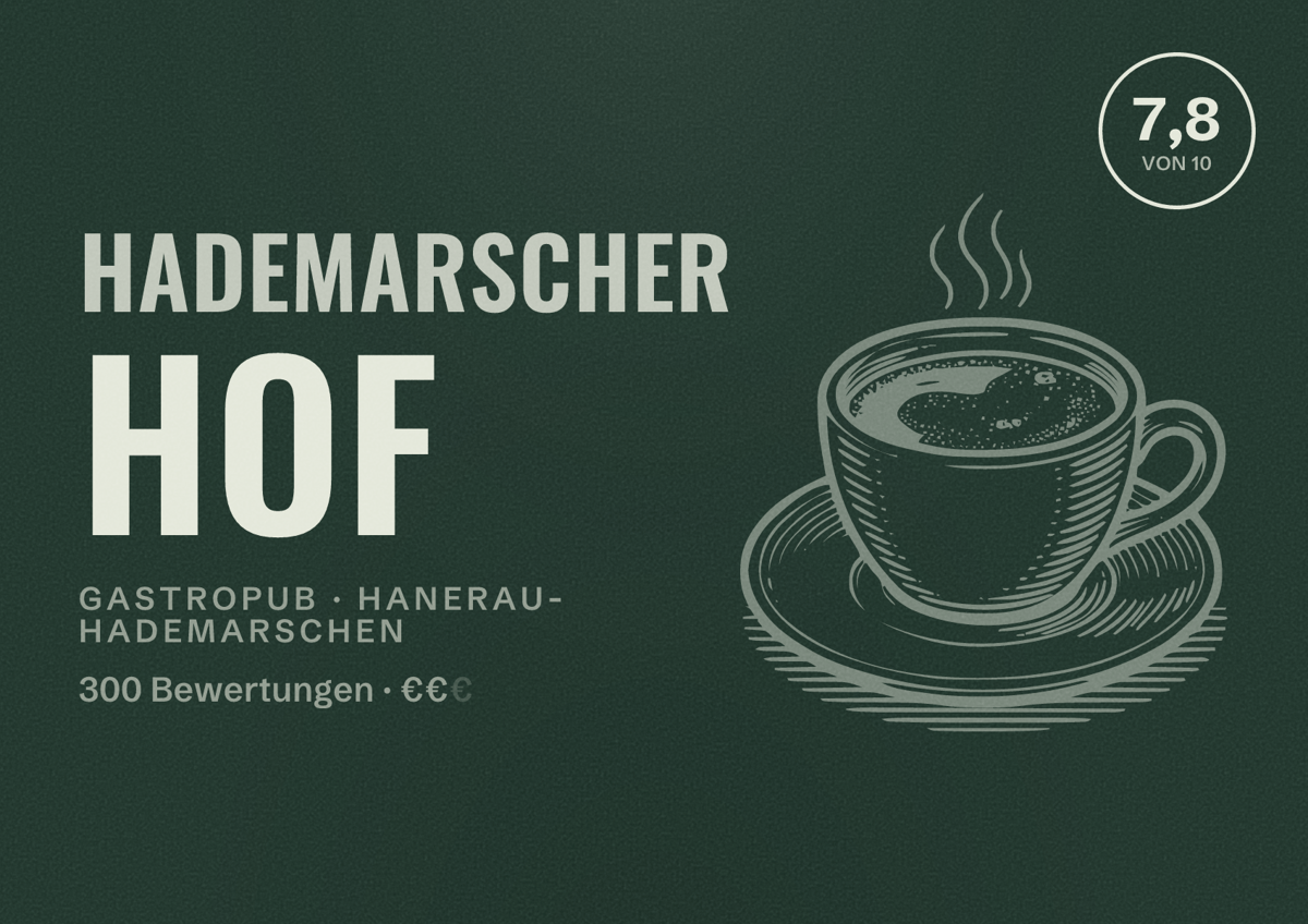 Illustriertes Poster von Hademarscher Hof, Gastropub in Hanerau-Hademarschen: Bewertung 7,8 von 10 aus 300 Bewertungen, Preisniveau €€
