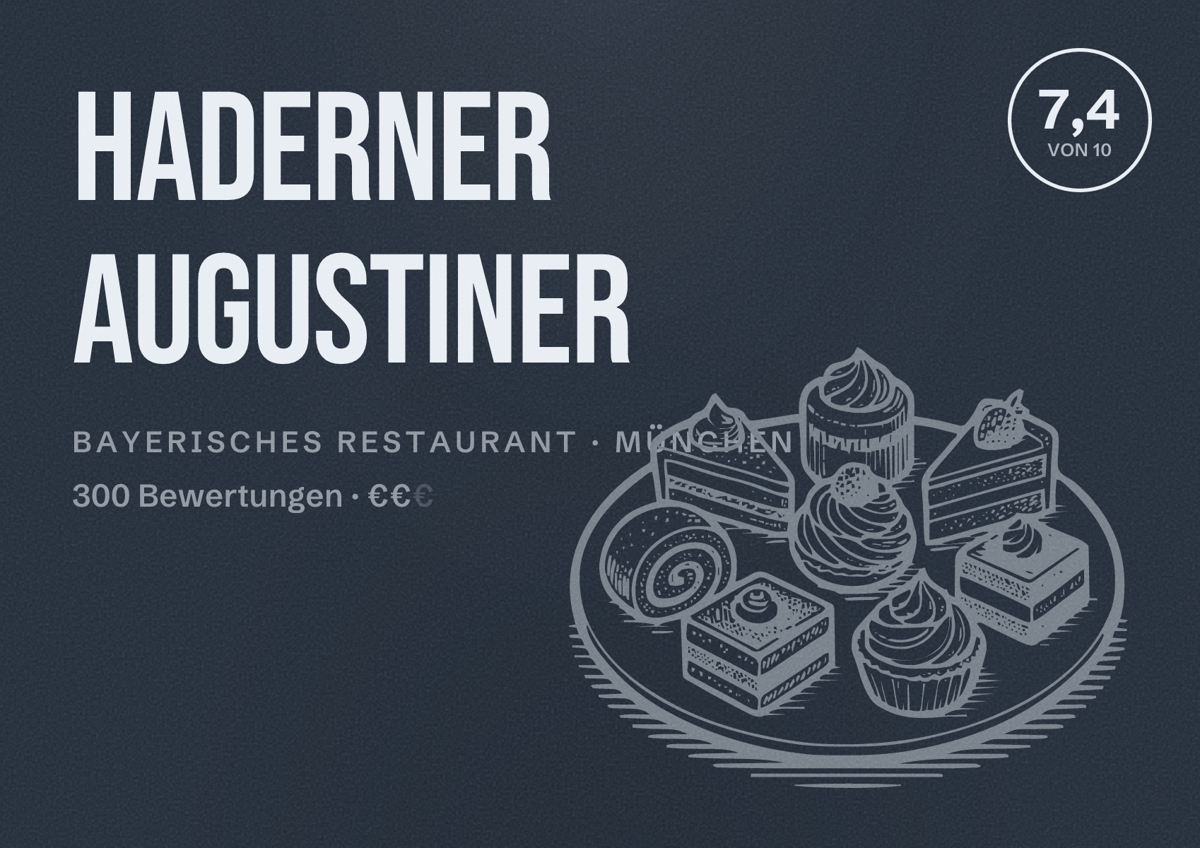 Illustriertes Poster von Haderner Augustiner, Bayerisches Restaurant in München: Bewertung 7,4 von 10 aus 300 Bewertungen, Preisniveau €€