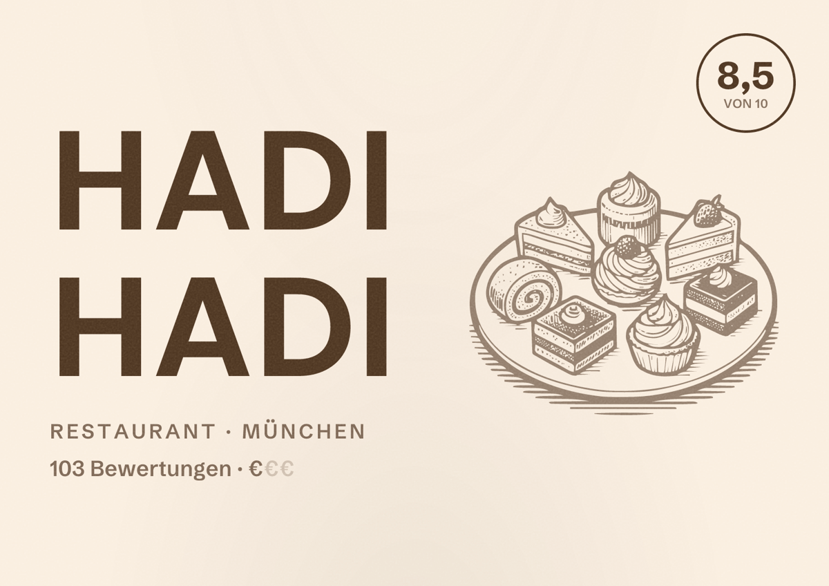 Illustriertes Poster von Hadi Hadi, Restaurant in München: Bewertung 8,5 von 10 aus 103 Bewertungen, Preisniveau €