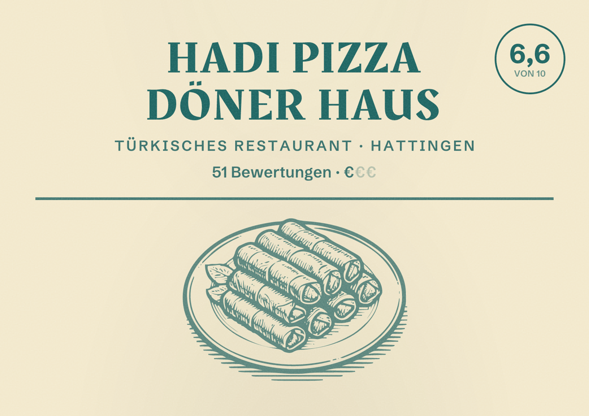 Illustriertes Poster von Hadi Pizza Döner Haus, Türkisches Restaurant in Hattingen: Bewertung 6,6 von 10 aus 51 Bewertungen, Preisniveau €