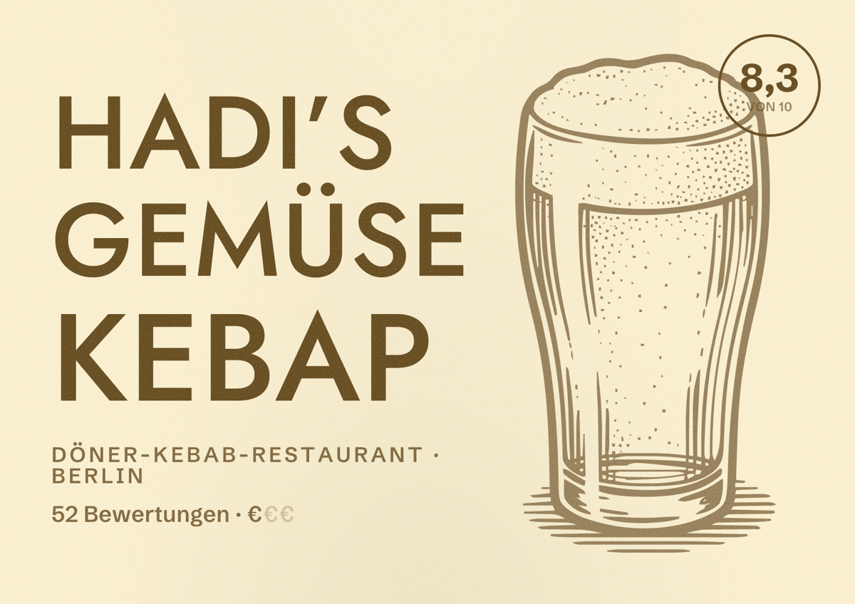 Illustriertes Poster von Hadi’s Gemüse Kebap, Döner-Kebab-Restaurant in Berlin: Bewertung 8,3 von 10 aus 52 Bewertungen, Preisniveau €