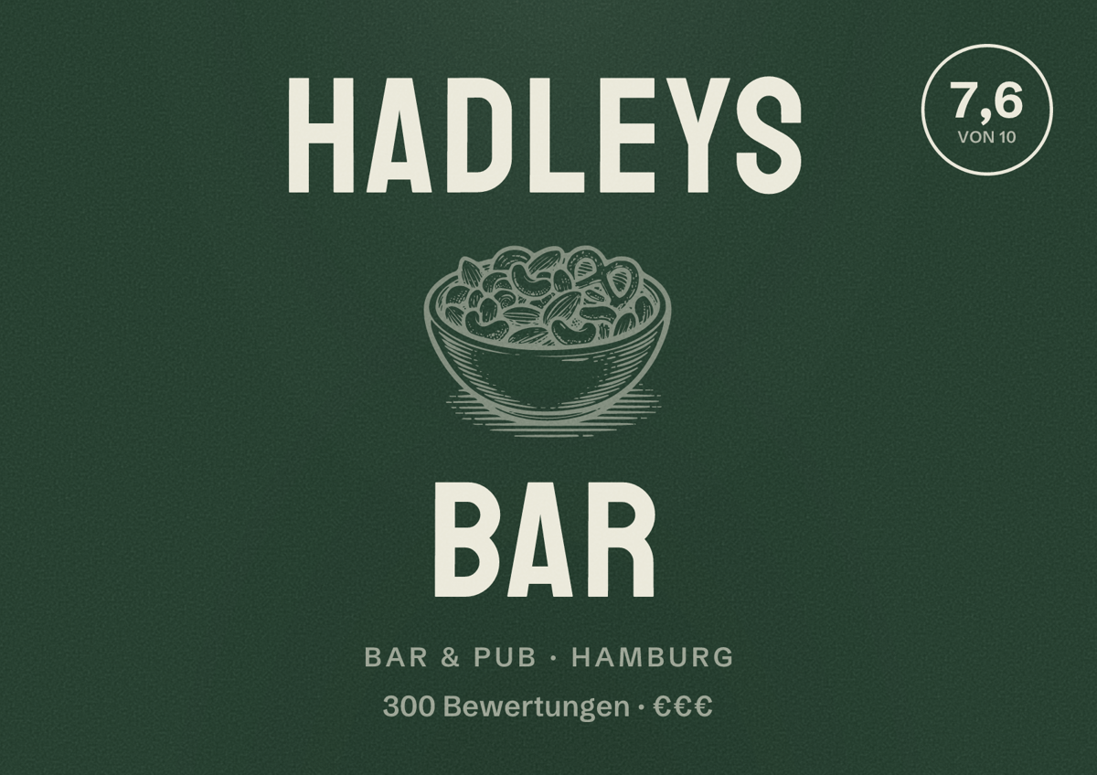 Illustriertes Poster von HADLEYs Bar, Bar & Pub in Hamburg: Bewertung 7,6 von 10 aus 300 Bewertungen, Preisniveau €€€