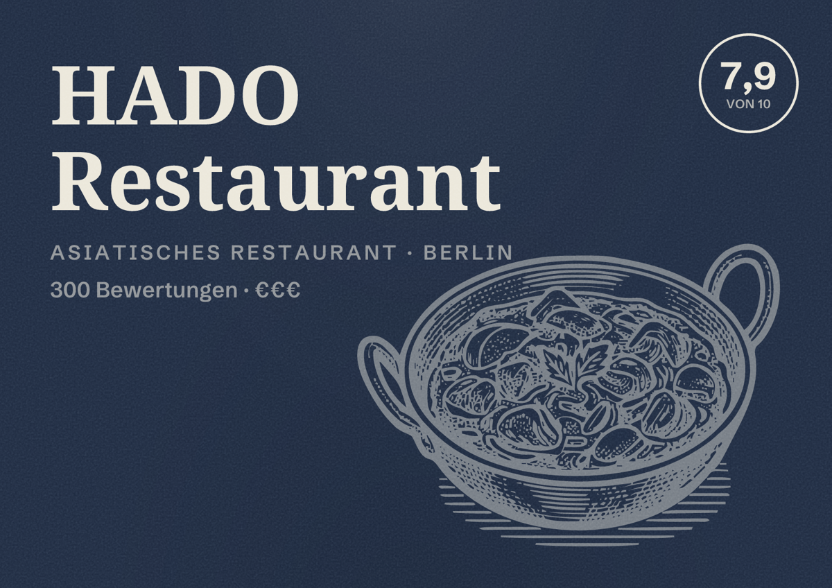 Illustriertes Poster von HADO Restaurant, Asiatisches Restaurant in Berlin: Bewertung 7,9 von 10 aus 300 Bewertungen, Preisniveau €€€
