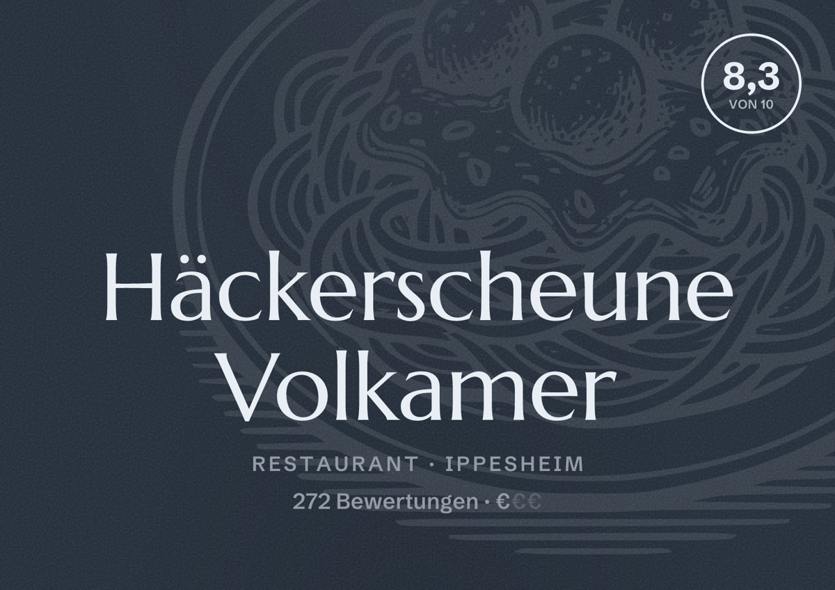 Illustriertes Poster von Häckerscheune Volkamer, Restaurant in Ippesheim: Bewertung 8,3 von 10 aus 272 Bewertungen, Preisniveau €