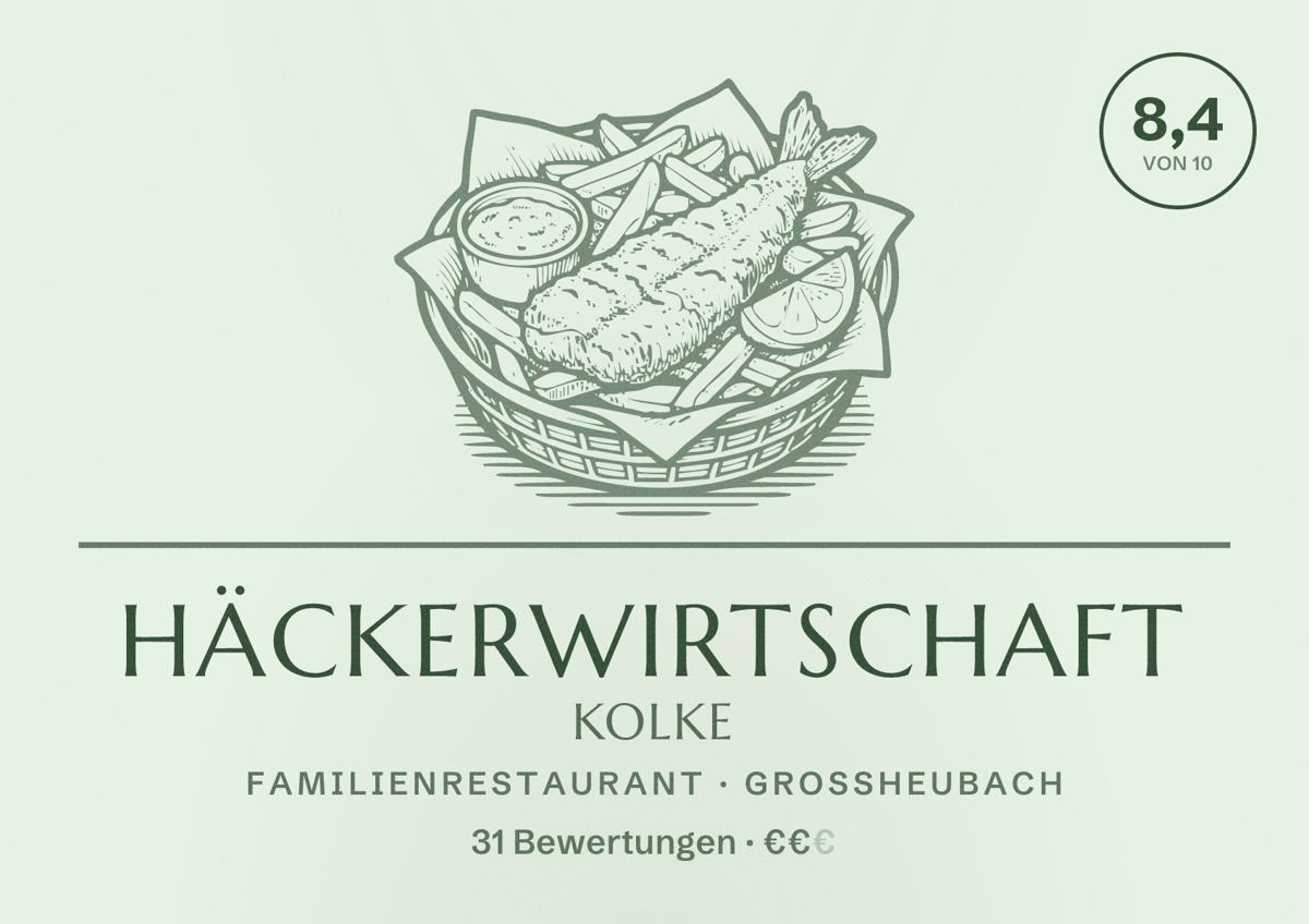 Illustriertes Poster von Häckerwirtschaft Kolke, Familienrestaurant in Großheubach: Bewertung 8,4 von 10 aus 31 Bewertungen, Preisniveau €€