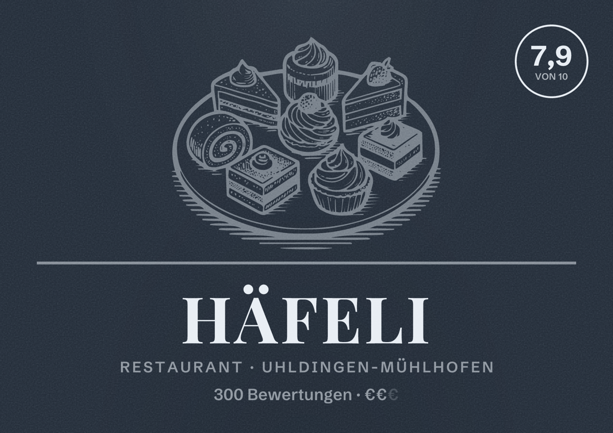 Illustriertes Poster von Häfeli, Restaurant in Uhldingen-Mühlhofen: Bewertung 7,9 von 10 aus 300 Bewertungen, Preisniveau €€