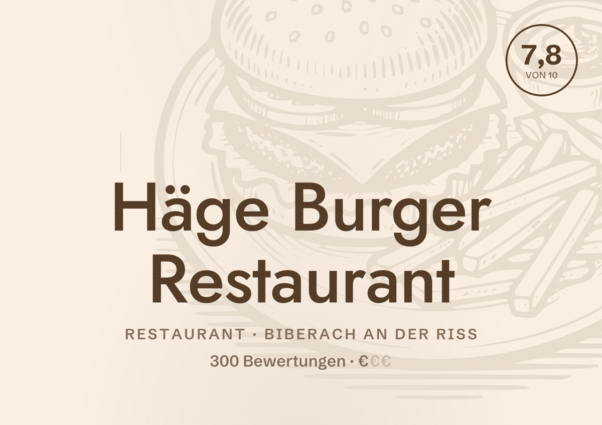Illustriertes Poster von Häge Burger Restaurant, Restaurant in Biberach an der Riß: Bewertung 7,8 von 10 aus 300 Bewertungen, Preisniveau €