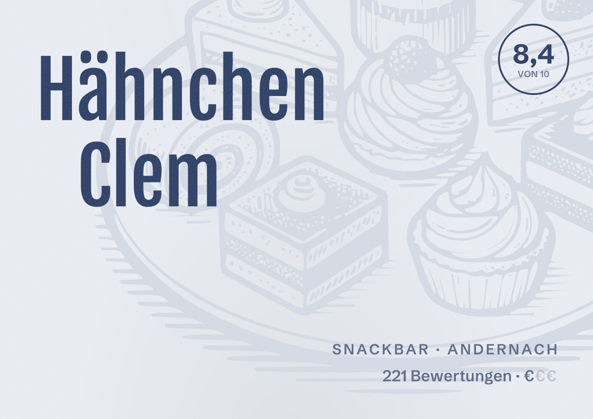 Illustriertes Poster von Hähnchen Clem, Snackbar in Andernach: Bewertung 8,4 von 10 aus 221 Bewertungen, Preisniveau €