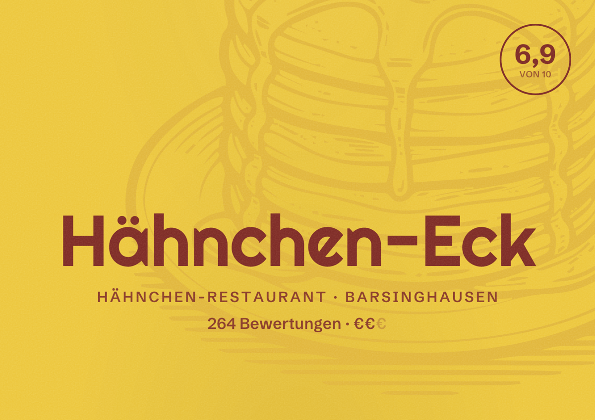 Illustriertes Poster von Hähnchen-Eck, Hähnchen-Restaurant in Barsinghausen: Bewertung 6,9 von 10 aus 264 Bewertungen, Preisniveau €€