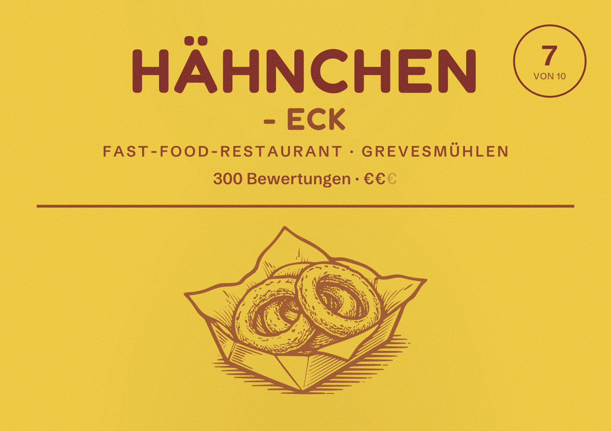 Illustriertes Poster von Hähnchen - Eck, Fast-Food-Restaurant in Grevesmühlen: Bewertung 7 von 10 aus 300 Bewertungen, Preisniveau €€
