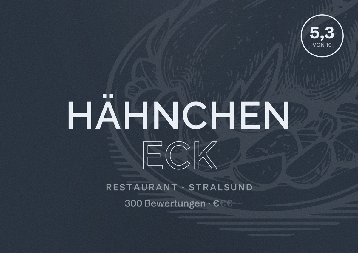Illustriertes Poster von Hähnchen Eck, Restaurant in Stralsund: Bewertung 5,3 von 10 aus 300 Bewertungen, Preisniveau €