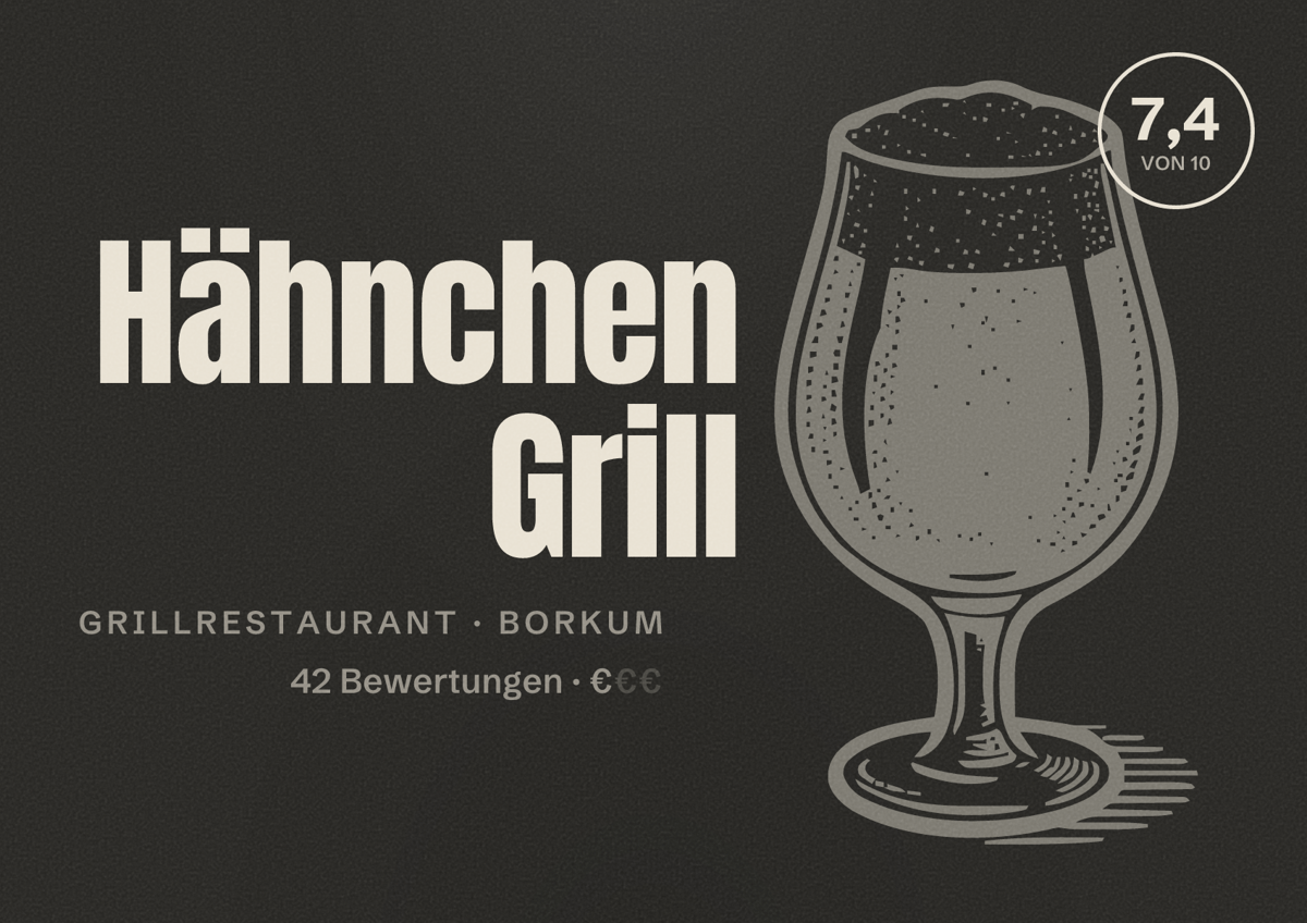 Illustriertes Poster von Hähnchen Grill, Grillrestaurant in Borkum: Bewertung 7,4 von 10 aus 42 Bewertungen, Preisniveau €