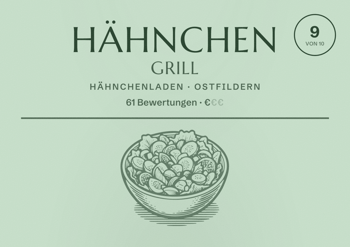 Illustriertes Poster von Hähnchen Grill, Hähnchenladen in Ostfildern: Bewertung 9 von 10 aus 61 Bewertungen, Preisniveau €
