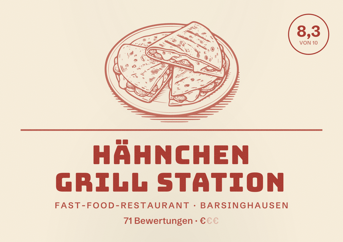 Illustriertes Poster von Hähnchen Grill Station, Fast-Food-Restaurant in Barsinghausen: Bewertung 8,3 von 10 aus 71 Bewertungen, Preisniveau €