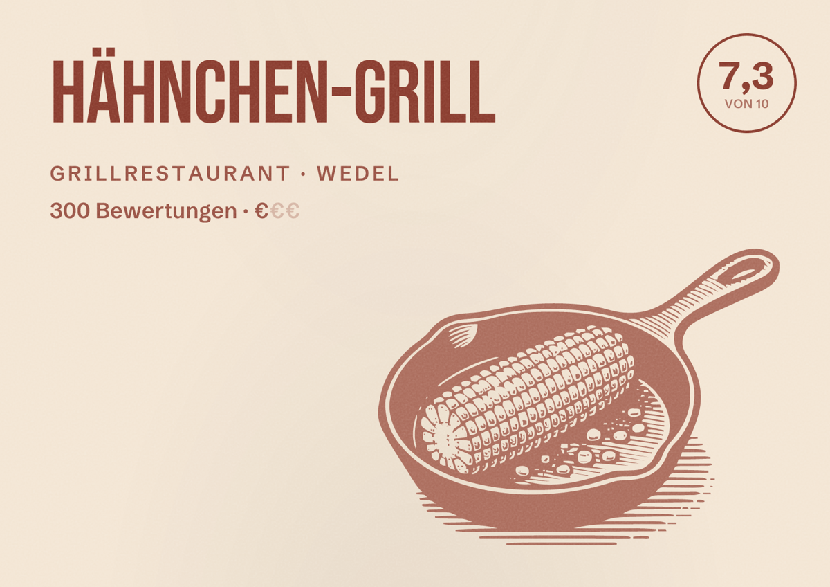 Illustriertes Poster von Hähnchen-Grill, Grillrestaurant in Wedel: Bewertung 7,3 von 10 aus 300 Bewertungen, Preisniveau €
