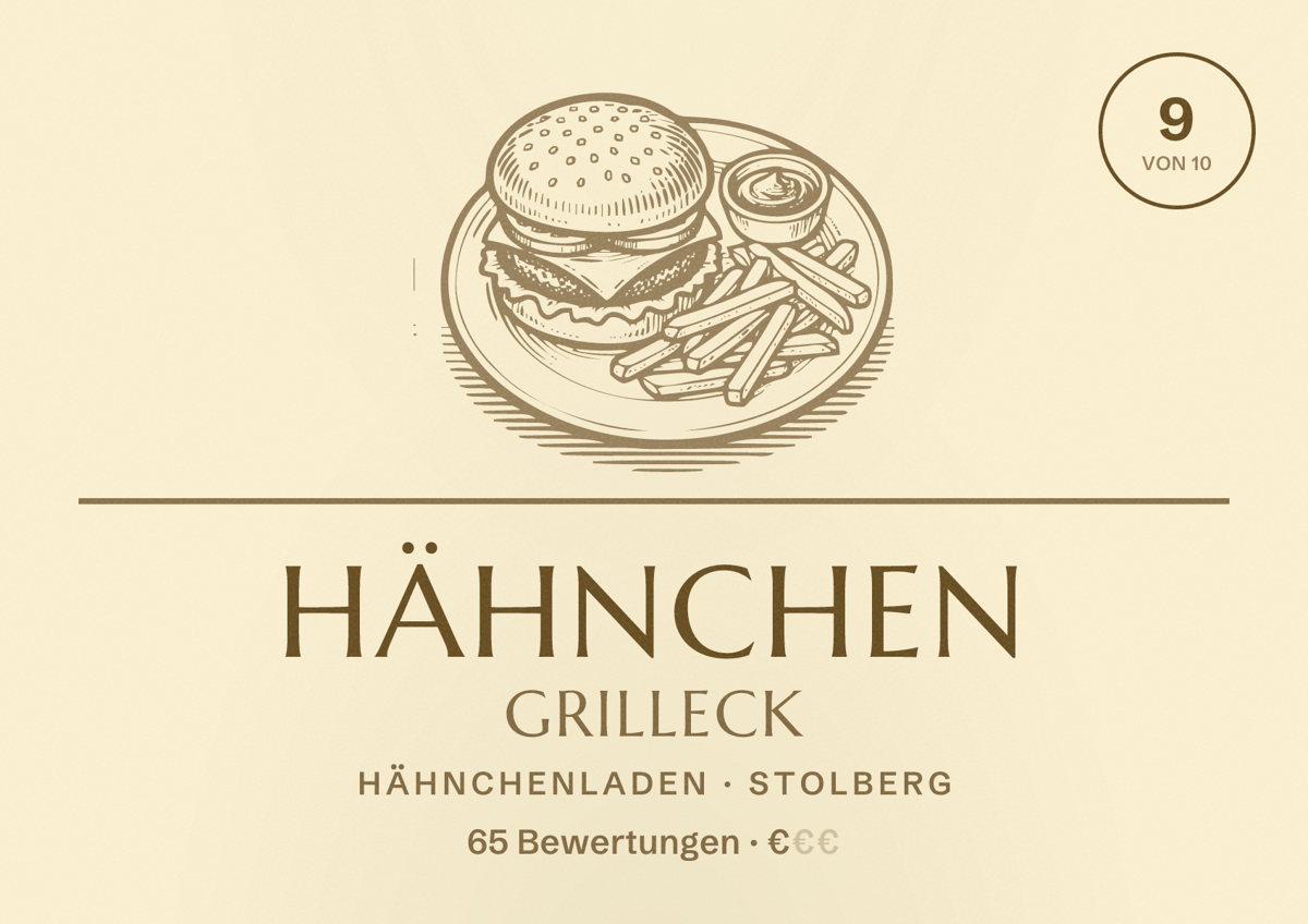 Illustriertes Poster von Hähnchen Grilleck, Hähnchenladen in Stolberg: Bewertung 9 von 10 aus 65 Bewertungen, Preisniveau €