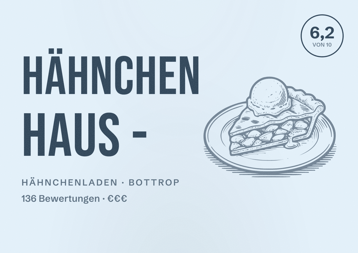 Illustriertes Poster von Hähnchen Haus -, Hähnchenladen in Bottrop: Bewertung 6,2 von 10 aus 136 Bewertungen, Preisniveau €€€