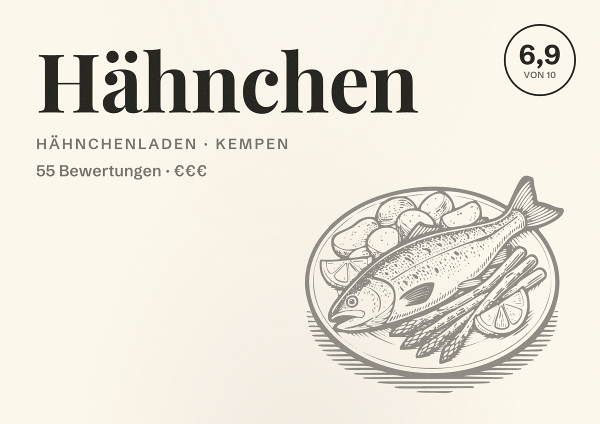 Illustriertes Poster von Hähnchen, Hähnchenladen in Kempen: Bewertung 6,9 von 10 aus 55 Bewertungen, Preisniveau €€€