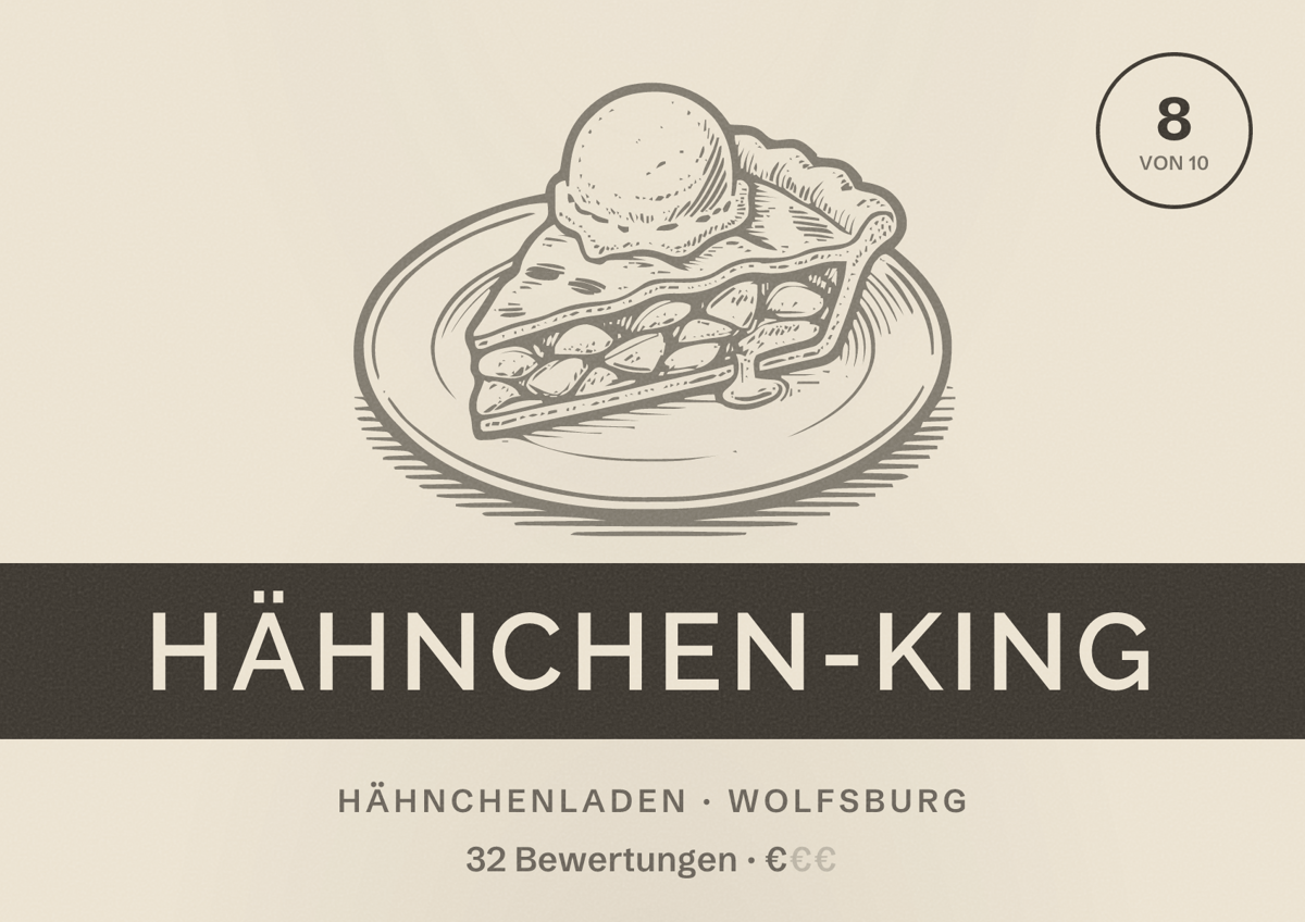 Illustriertes Poster von Hähnchen-King, Hähnchenladen in Wolfsburg: Bewertung 8 von 10 aus 32 Bewertungen, Preisniveau €